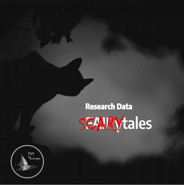 Ein dunkles Bild mit schwarzer Katzensilhouette, welches die Schrift "Research Data Scarytales" stehen hat. Das "Scary" ist dabei über das eigentliche Wort "Fairy" von "Fairytales" rot geschmiert.